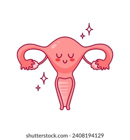 Uterus. Personaje de dibujos animados al estilo kawaii. Órgano sano, menstruación. Salud de la mujer. Sistema reproductivo femenino, ciclo. anatomía, cervix, ovarios, trompas de falopio. Ilustración vectorial, estilo plano