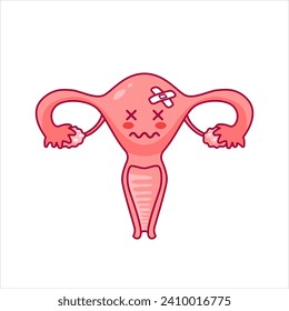 Uterus. Cute sad cartoon character in kawaii style. Disease, infertility. Women Health. Female reproductive system, cycle. anatomy, cervix, ovaries, fallopian tubes. Vector illustration, flat style