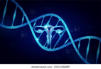 Célula genética de ADN del útero azul de doble hélice. Biología genética sintética combinada. Órgano de anatomía brillante poligonal. Análisis de código timina, adenina, guanina, citosina. Vector de antecedentes de ciencias médicas.