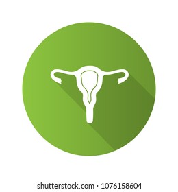 Uterus, fallopian tubes and vagina flat design long shadow glyph icon. Female reproductive system. Vector silhouette illustration
