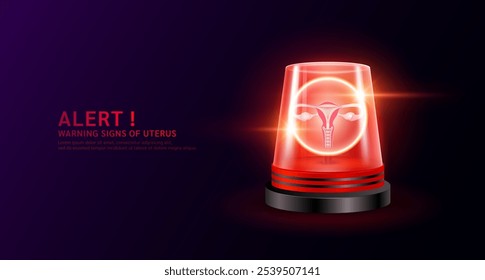 Útero femenino dentro de la luz de sirena roja. Signos de peligro de la enfermedad de endometritis. Advertencia de emergencia de alerta intermitente. Señal de socorro médico. Vector EPS10.