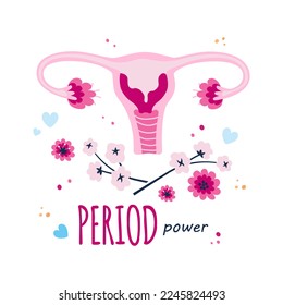 Uterus with flowers and quote: Period power. Female reproductive system, uterus, womb, female reproductive organ, women's health. Vector illustration in flat style