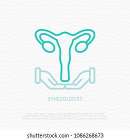 Uterus in hands thin line icon. Modern vector illustration of gynecology.