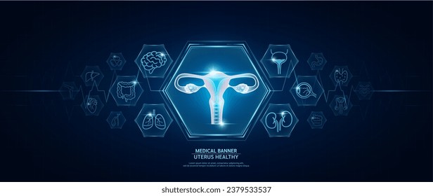 Uterus healthy. Human organs icon symbols. Medical science banner design template. Health care medical check up too innovative futuristic digital technology. Examining organ and heart pulse. Vector.