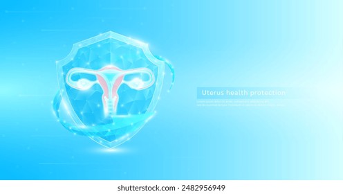 Utero anatomía de órgano humano estilo poligonal en escudo brillante rodeado de flechas azules. Símbolo de protección de la ciencia médica. Concepto de atención médica. Vector de Anuncio EPS10.