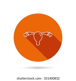 Uterus icon. Ovary sign. Gynecology health symbol. Round orange web button with shadow.