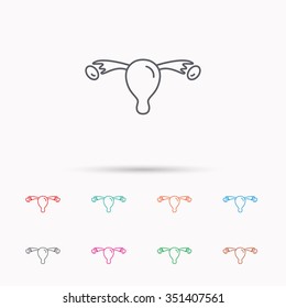 Uterus icon. Ovary sign. Gynecology health symbol. Linear icons on white background.