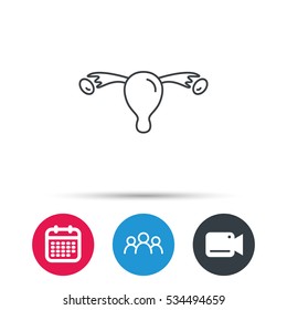 Uterus icon. Ovary sign. Gynecology health symbol. Group of people, video cam and calendar icons. Vector