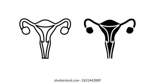 Uterussymbolsatz. Saubere und moderne Ikone einer Gebärmutter-Anatomie. Diese Designs zeichnen sich durch einen einfachen Umriss und eine ausgefüllte Glyphe aus. Ideal für medizinische, pädagogische oder gesundheitsbezogene Projekte.