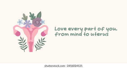 Uterus and inspirational quote about women’s health. Female strength and reproductive wellness concept. Perfect for health education, women's rights projects, and medical awareness. Gynecology vector