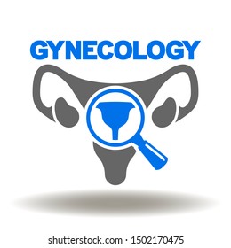 Uterus magnifying glass ovaries icon vector. Gynecology logo. Examination female reproduction organ symbol.
