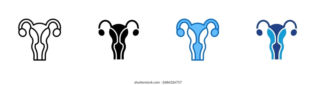 Vector de diseño de lámina de íconos de estilo múltiple de útero - Ilustración de órgano reproductivo femenino que muestra útero y ovarios, símbolo de fertilidad y ginecología