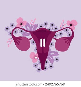 Útero en pausa con flores. Sistema reproductor femenino. Ilustración vectorial