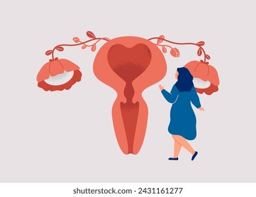 Órgano uterino y mujer joven cerca de él como concepto de amor propio. Sistema reproductor femenino en floración y mujer sana. Periodo menstrual y prevención de enfermedades. Ilustración vectorial.