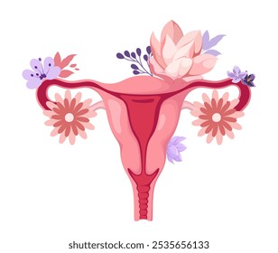 Útero y ovarios decorados con flores. La salud de los órganos de la mujer. Ilustración vectorial.