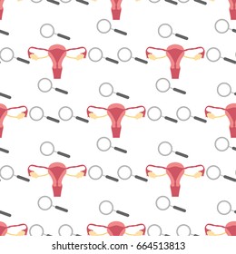 Uterus with ovary, cervix, fallopian tubes, magnifying glass (magnifier) isolated. Checkup of womb. Seamless pattern.