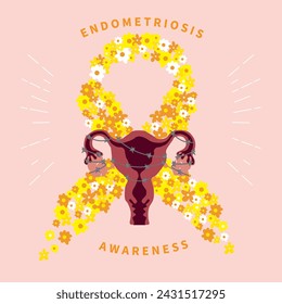 Uterus over a yellow endometriosis ribbon made of flowers