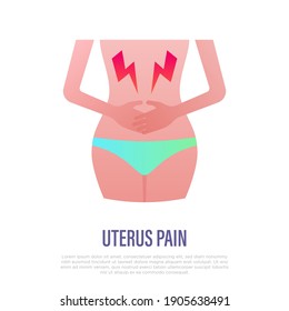 Uterus pain flat gradient icon. Woman touches her stomach. Menstruation pain. Vector illustration.