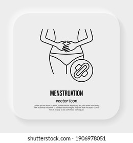 Uterus Pain Flat Gradient Icon. Woman Touches Her Stomach. Menstruation Pain. Vector Illustration.