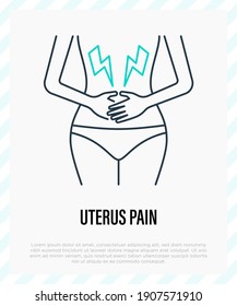 Uterus pain thin line icon. Woman touches her stomach. Menstruation pain. Vector illustration.