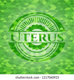 Uterus realistic green emblem. Mosaic background
