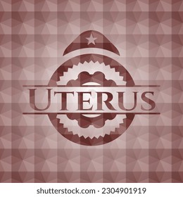 Uterus red emblem or badge with abstract geometric polygonal pattern background. Seamless. 