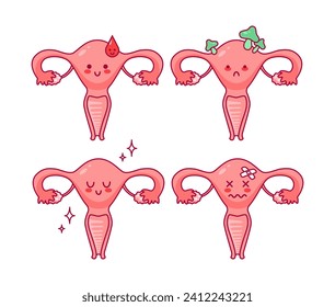 Uterus. Fijar personajes de dibujos animados Cute al estilo kawaii. Órgano sano, menstruación, enfermedad fúngica, infertilidad. Salud de la mujer. Sistema reproductivo femenino, ciclo. anatomía, ovarios, trompas de falopio.