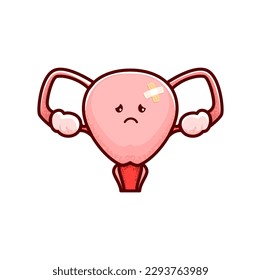 Uterus sick organ, cartoon character for woman health and anatomy, vector ovary. Menstruation or female reproductive system disease, sad uterus with illness pain, gynecology virus or infection