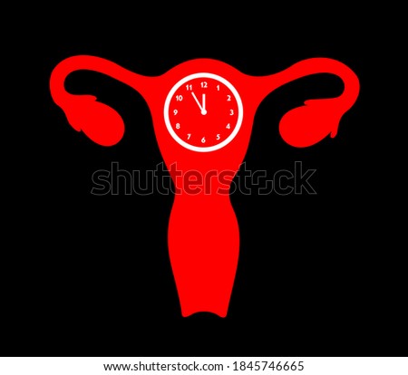 Uterus with time clock - organ is getting old. Age, ageing and ability to conveive. Fertility and infertility of fertile and infertile woman. Vector illustration isolated on black