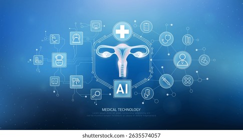 Uterus translucent with medical network icons on blue background. Artificial intelligence (AI) in health care technology. Innovation in digital health smart medical diagnostics. Vector. 