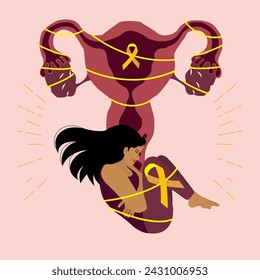 Uterus and woman in pain from endometriosis ribbon