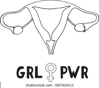uterus, woman symbol and lettering girl power sketch hand drawn doodle. template propaganda feminism poster, icon, vector, monochrome, minimalism, female reproductive organs