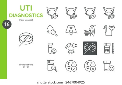 UTI Diagnostics Icon Set. Linear Icons Illustrating Methods and Tools for Diagnosing Urinary Tract Infections. Includes Urinalysis, Imaging, Bacterial Culture, and Medical Devices. Editable Vector Sig