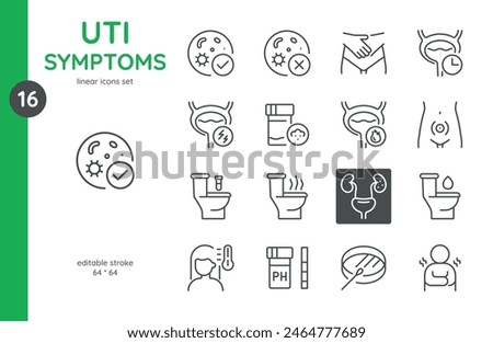 UTI Symptoms Icon Set. Linear Icons Depicting Various Symptoms of Urinary Tract Infections. Includes Painful Urination, Frequent Urination, Abdominal Pain, Cloudy Urine, and Fever. Editable Vector Sig