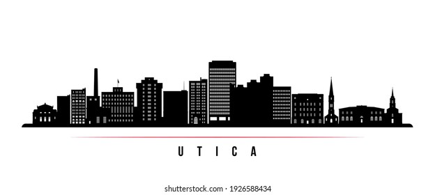 Banner horizontal en el horizonte de Utica. Silueta blanca y negra de Utica, Nueva York. Plantilla de vectores para su diseño. 