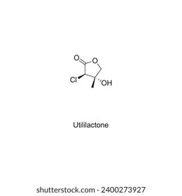 Diagrama de la estructura esquelética de la Utililactona.Ilustración científica de la molécula hemiterpenoide.