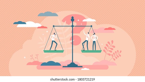 Utilitarianism Normative Ethical Theory Principle Tiny Person Concept. Morality Thinking With Idea About Personal Or Society Benefit Comparison Vector Illustration. Utility Advantages On Weight Scales