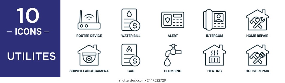 utilites outline icon set includes thin line router device, water bill, alert, intercom, home repair, surveillance camera, gas icons for report, presentation, diagram, web design