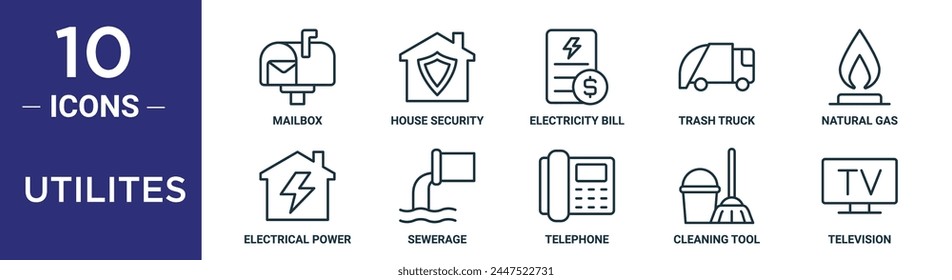 utilites outline icon set includes thin line mailbox, house security, electricity bill, trash truck, natural gas, electrical power, sewerage icons for report, presentation, diagram, web design