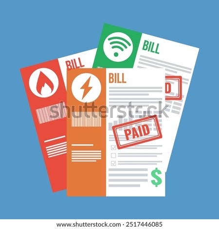 utilities bill paper stack with paid stamp flat design vector illustration, increasing cost of living concept, paper invoice pictogram