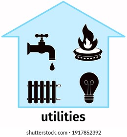 Utilities, bill payment. Vector house with gas, electricity, water, heating icons. Concept, payment for utilities. Flat, isolated object.