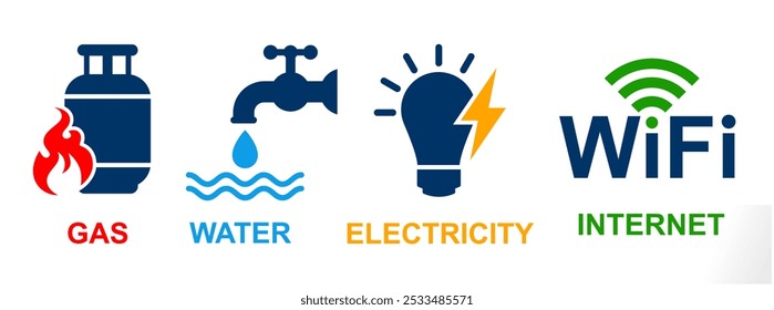 Utilidades - gas, agua, electricidad y WiFi o suministro de Internet conjunto de iconos. colección de iconos de suministro de servicios públicos.