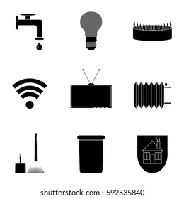 Utilities icon set black silhouette. Internet sign and monochrome garbage symbol. Vector illustration