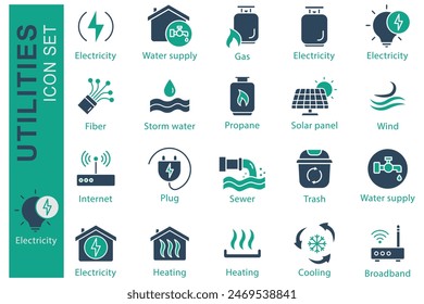 Utilities icon set. Electricity, Water supply, Propane,  and more. solid icon style. utilities element vector illustration