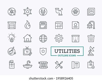 Utilities icon set. Vector modern thin line symbol of payments for electricity, water, garage, pet, garbage disposal, gas, water, heating. Icons for device UI or instruction
