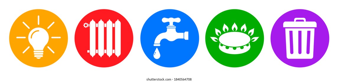 Iconos de utilidades en estilo plano: iluminación, calefacción, agua, gas, residuos - vector de existencias