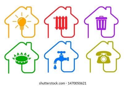 Utilities icons in flat style: water, gas, lighting, heating, phone, waste – stock vector