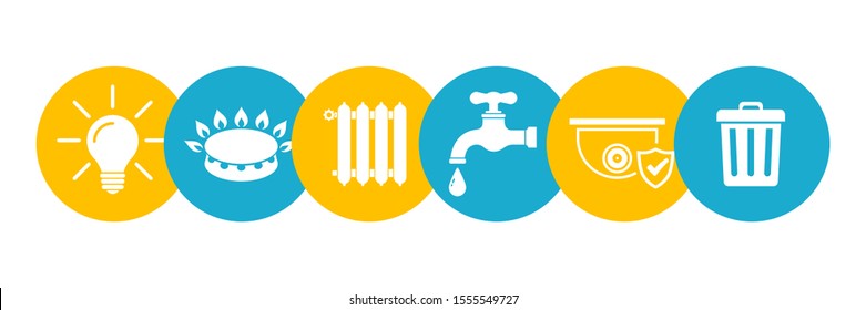Utilities icons in flat style: water, gas, lighting, heating, security, waste – stock vector