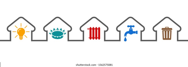 Utilities icons in flat style: water, gas, lighting, heating, waste – stock vector