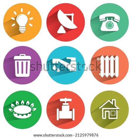 Utilities icons in flat style water, gas, light, heating, telephone.